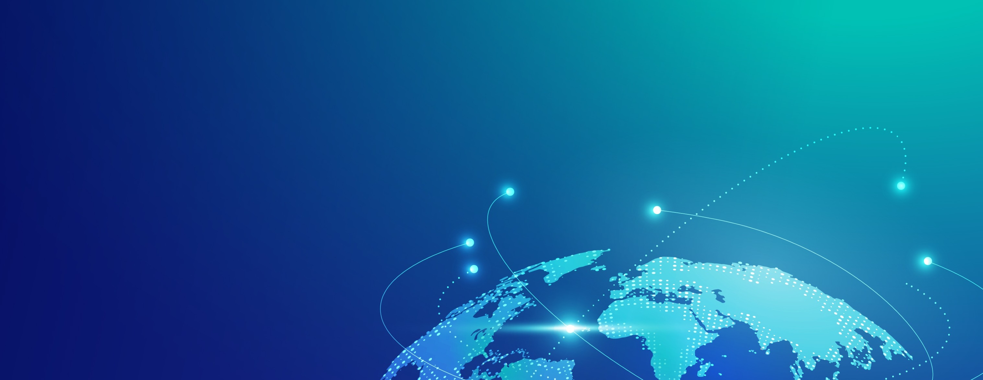 Stylized digital world map with glowing nodes and curved lines representing global connectivity.