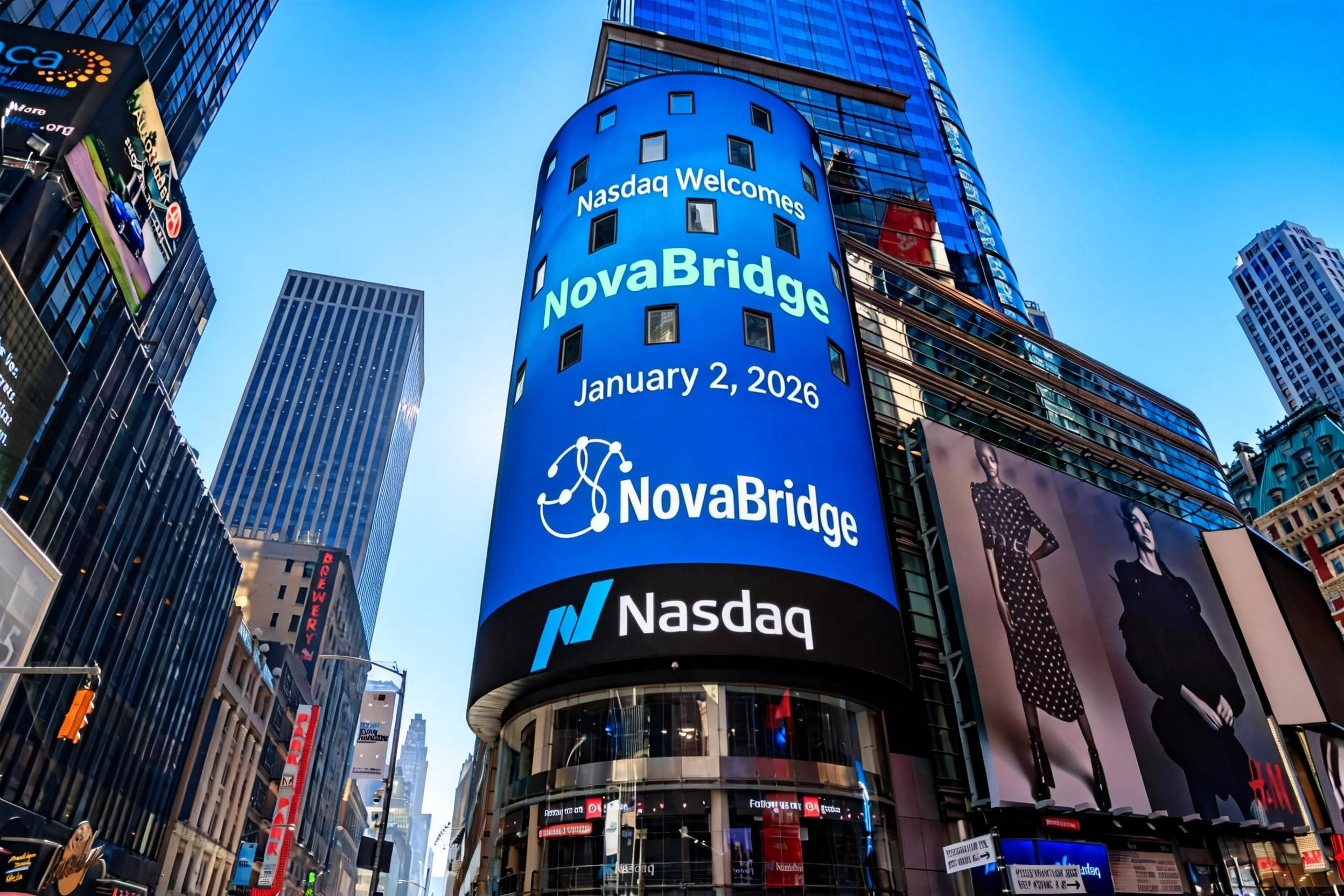 Nasdaq tower display in Times Square welcoming NovaBridge, dated January 2, 2026,